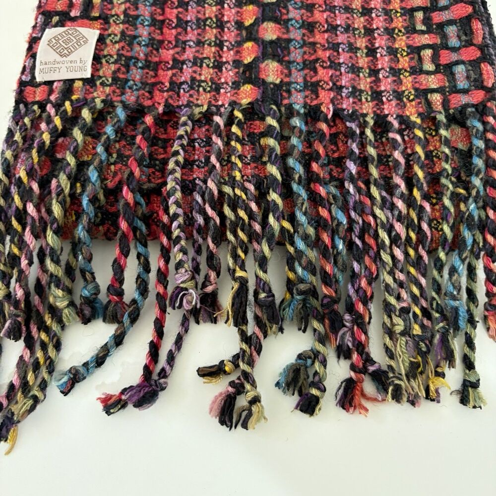 Muffy Young  Handwoven Handweaving Scarf in Black And Bright Colors Preowned - Picture 5 of 10